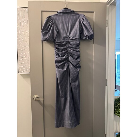 Ganni Navy Pinstripe Midi Dress With Ruched Waist & Puff Sleeves - Picture 7 of 10